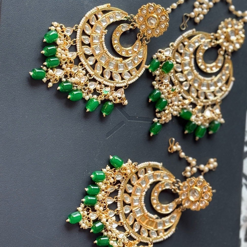 Elegant Gold and Green Dangle Earrings and Maang tikka set